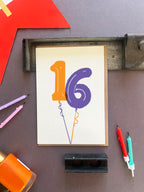 Balloon 16 Letterpress Card | 16th Birthday Card